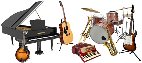 A group of musical instruments sitting in front of a white wall.